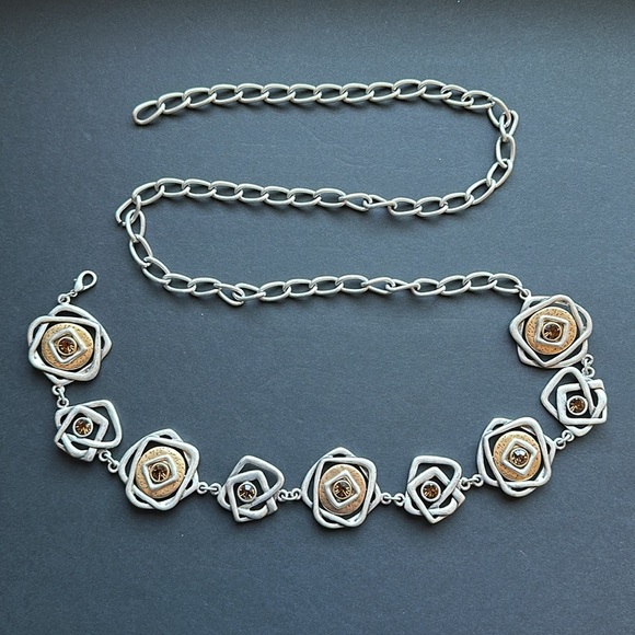 Chico’s Chain Link Belt Modern Mixed Metals Silver & Gold w Faceted Topaz Jewels - Picture 1 of 8